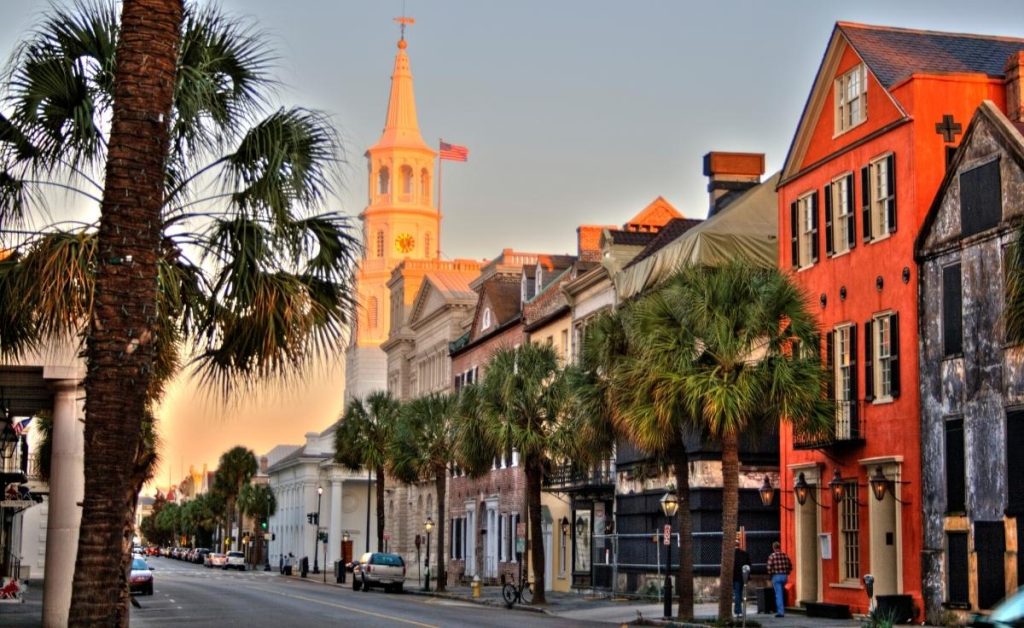 downtown Charleston, South Carolina attractions with sunset skies, palm trees, and historic buildings