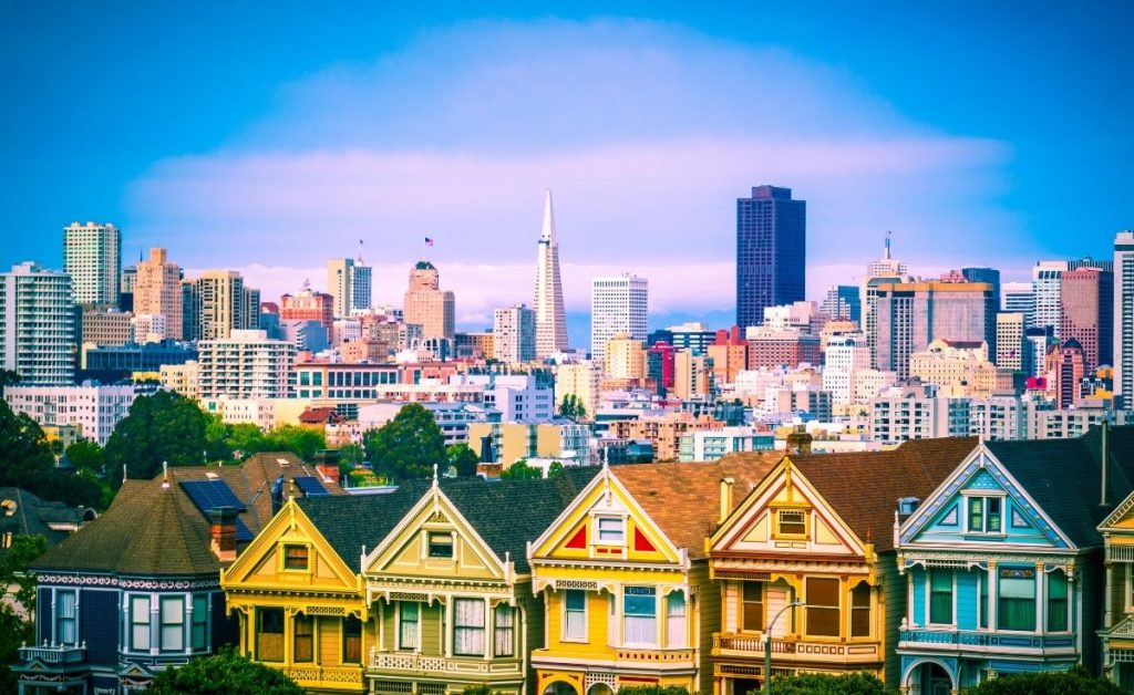 iconic row of colorful houses in San Francisco California