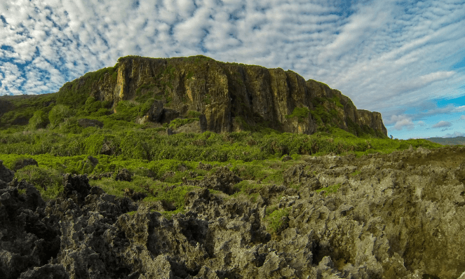 a limestone cliff on Christmas Island covered in green moss with blue cloudy skies