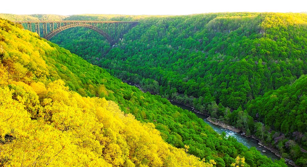 The New River Gorge Bridge aerial view with green and yellow foliage 