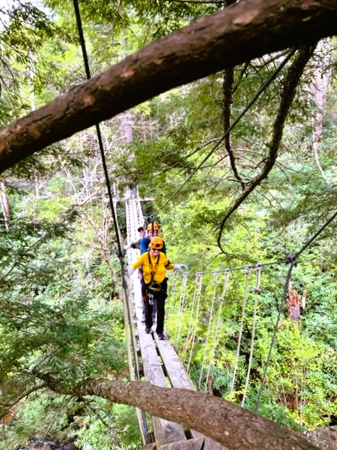 Writer Jo Clark leading the way across a swing bridge with green trees all around © Jo Clark