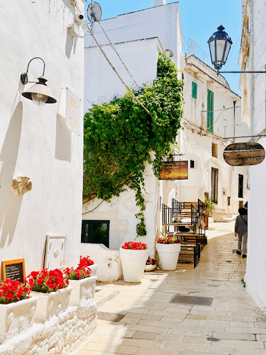 a street in Ostuni with white washed buildings, red flowers, vines, and blue skies
