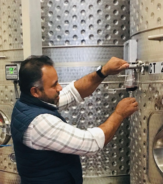 Cellar Master Margarito Rivera pulls a glass of wine from stainless steel tank at Castello di Amorosa - 