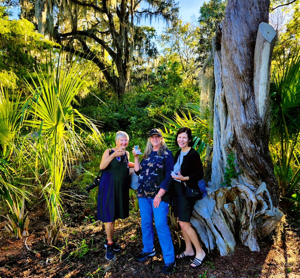 Three women smiling and toasting with wine-filled glasses, standing in front of a weathered tree trunk at Magnolia Plantation and Gardens Wine Strolls