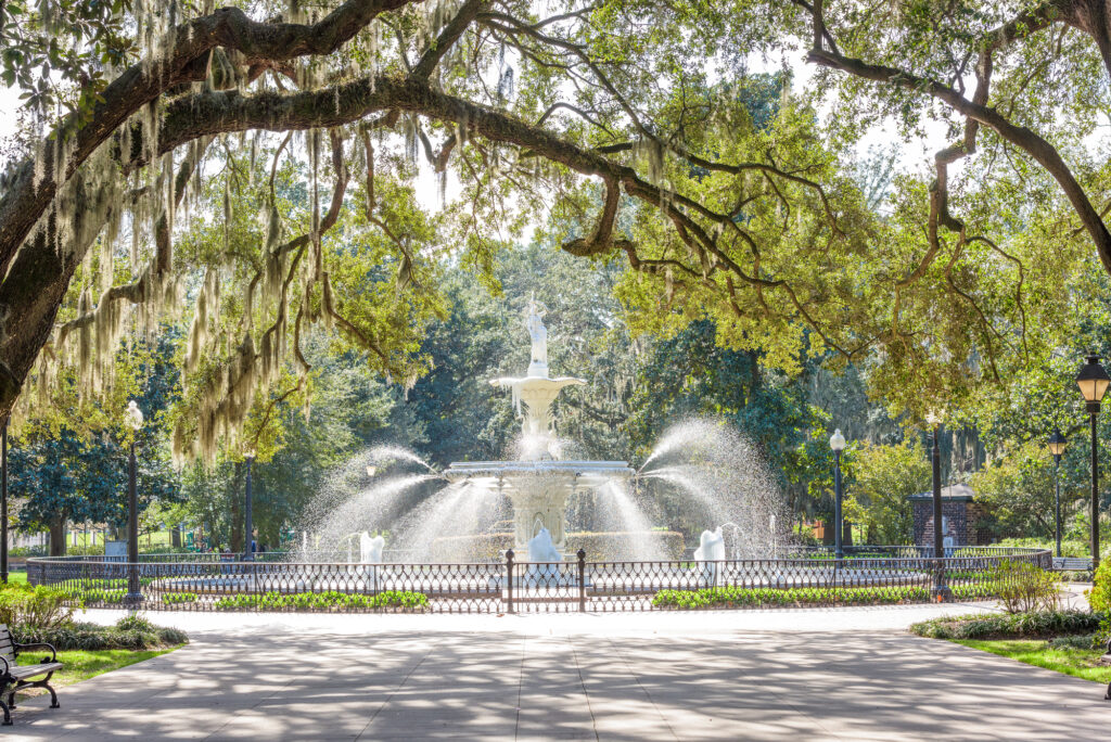 Famous fountain in park of downtown Savannah