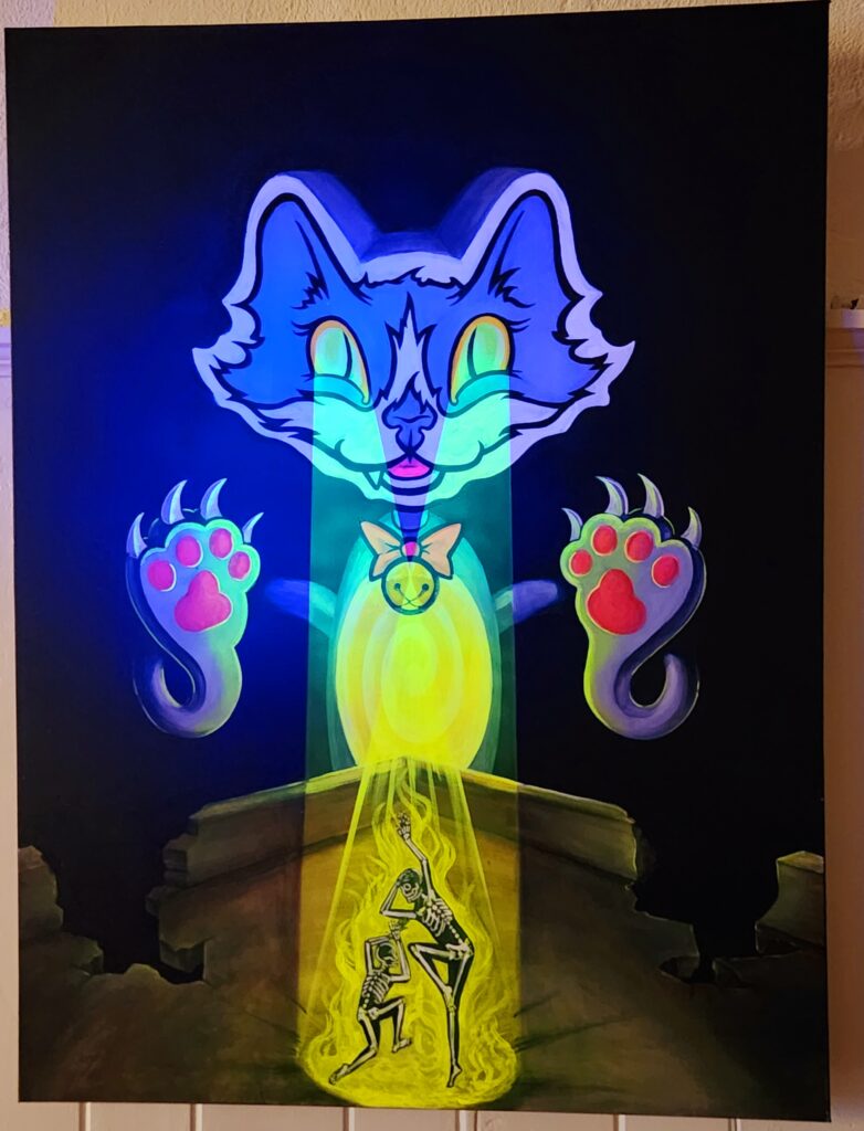 Black light art glows - this piece is a cartoon like cat on black