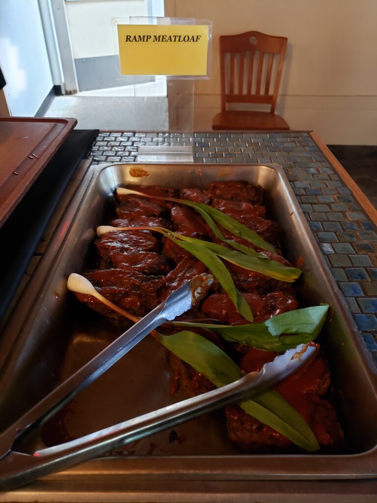 Tray filled with meatloaf topped with fresh ramps