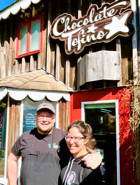 Owners Kim and Cam in front of their shop at Chocolate Tofino