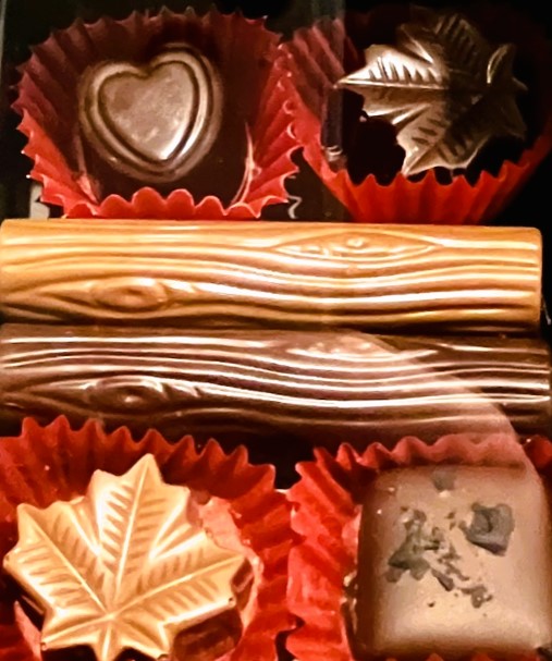 a selection of chocolates in red papers, one dark chocolate heart, a dark chocolate maple leaf, a light chocolate maple leaf, a square with seasalt on top, and both a dark and a light chocolate log