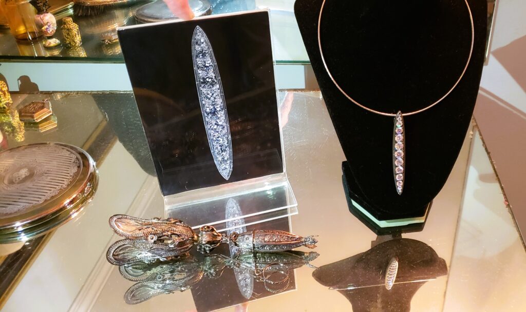 Diamond necklace on display on Mrs. Kaminski's dressing room table.