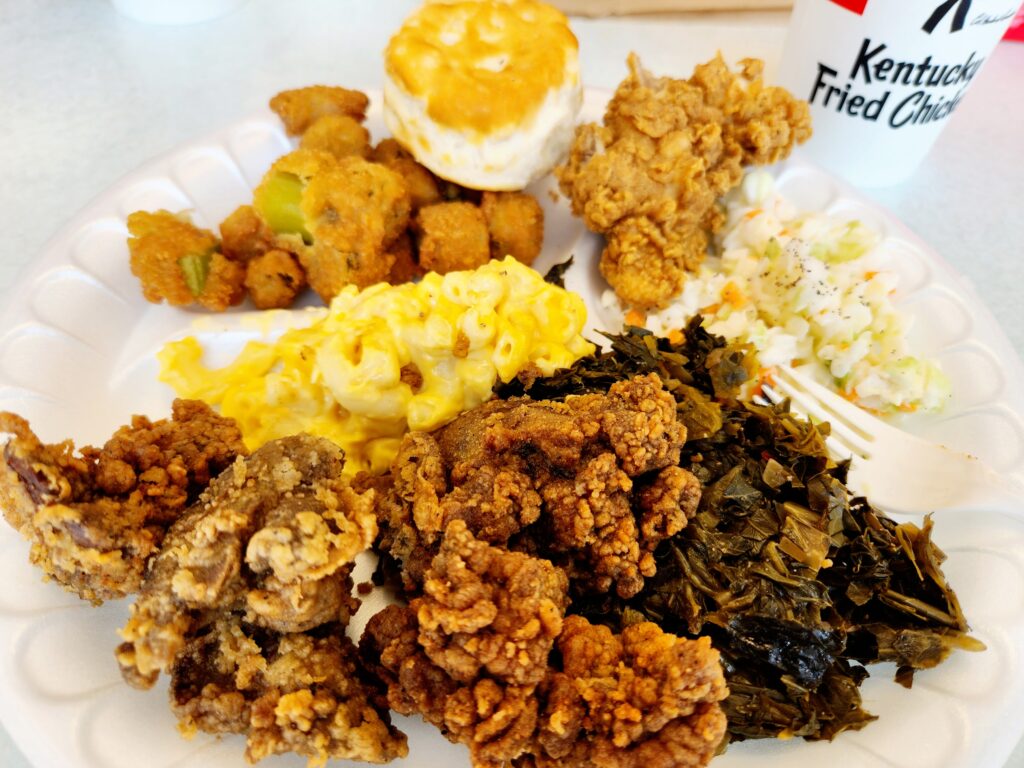 A plate heaped with food at the Georgetown KFC.
