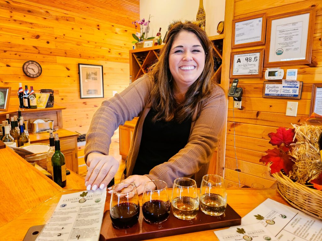 Yadkin Valley wine tasting of organic wines being served at Carolina Heritage Vineyards.