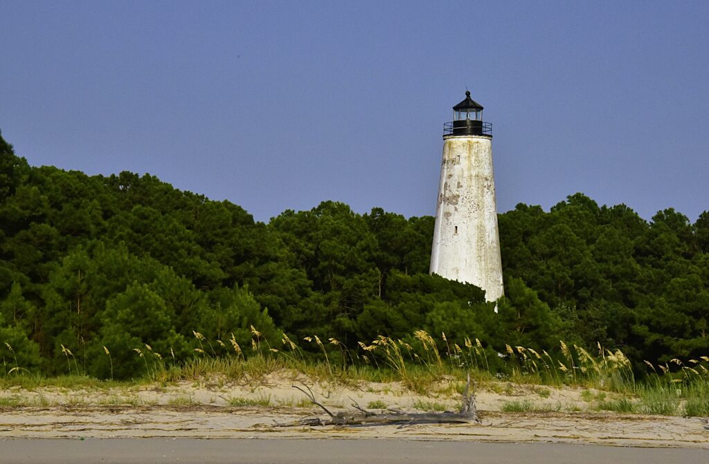 Yawkey Wildlife Center's North Island lighthouse, all white, stands among the wax myrtle and sea oats 