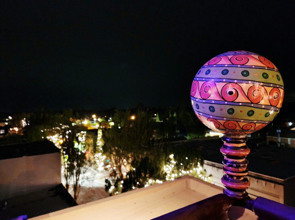 Spend 11 Awesome Days in the Willamette Valley 23 View from the Roof Top Bar, and a colorful glass decorative object d'art