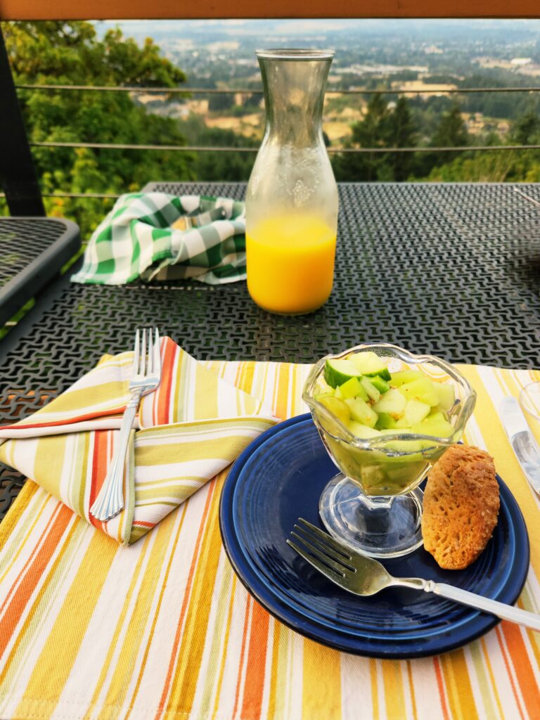Spend 11 Awesome Days in the Willamette Valley 8 A delicious pickled fruit and scone with fresh orange juice...on the deck overlooking the Willamette Valley.
