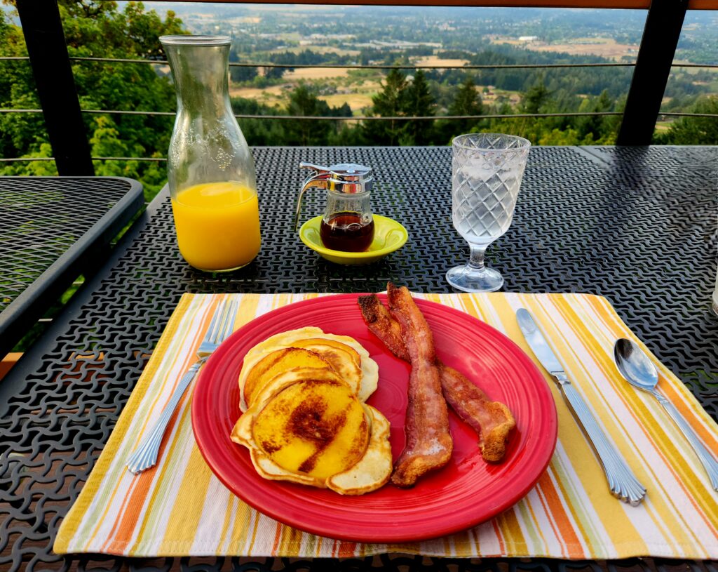 Spend 11 Awesome Days in the Willamette Valley 10 A view of the Willamette Valley with fresh peach pancakes and bacon, and fresh oj.