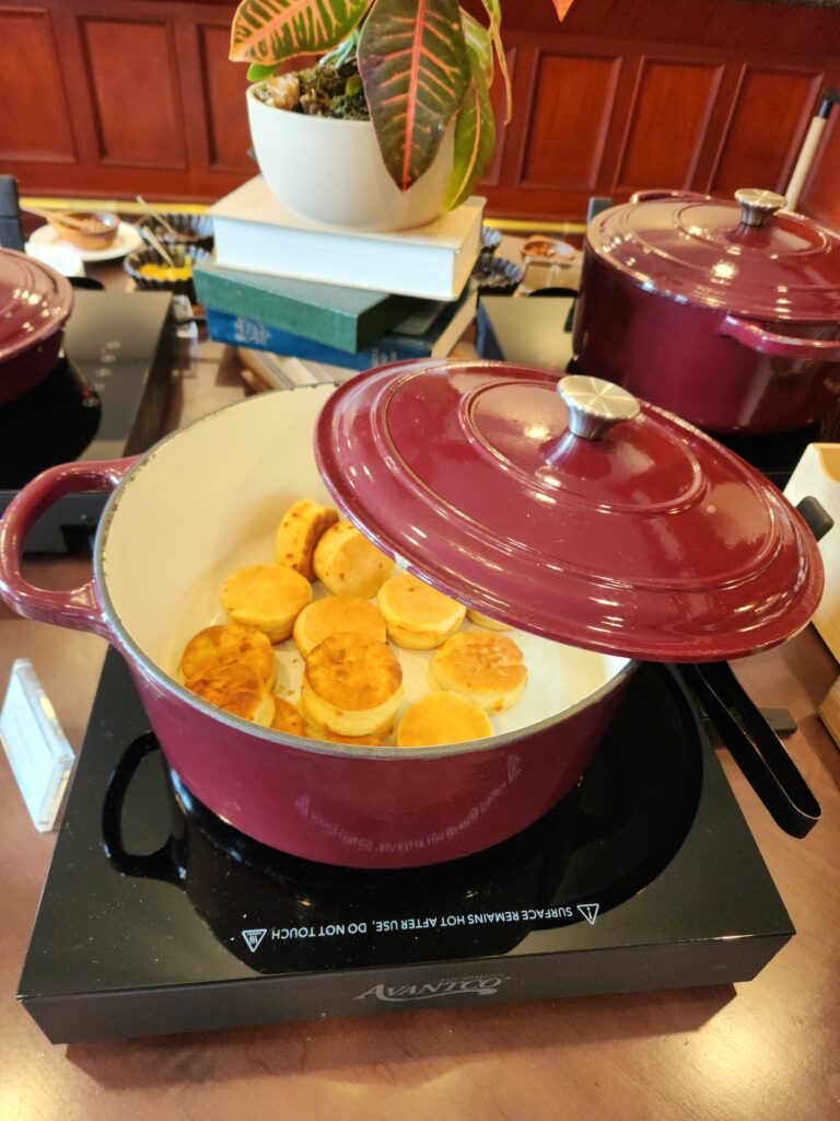 2 Islands, a Lighthouse, & Secret Magic of the Lowcountry 40 A dutch oven filled with hot cheddar cheese biscuits.
