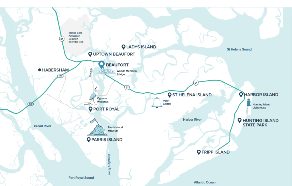 2 Islands, a Lighthouse, & Secret Magic of the Lowcountry 2 Map of the area, showing points in the article.