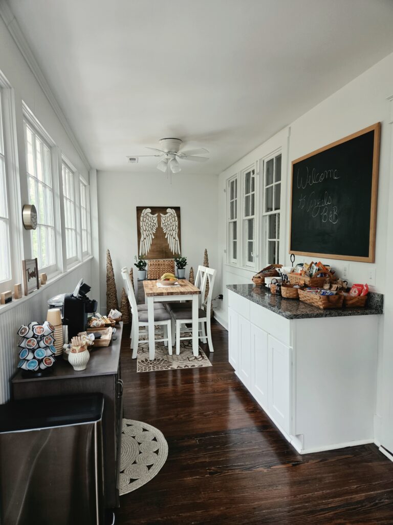Greensboro: Big, Unexpected Adventures From 1781 Battlefield to Jeansboro 53 The kitchen table, coffee counter, and snack baskets in the B&B kitchen.