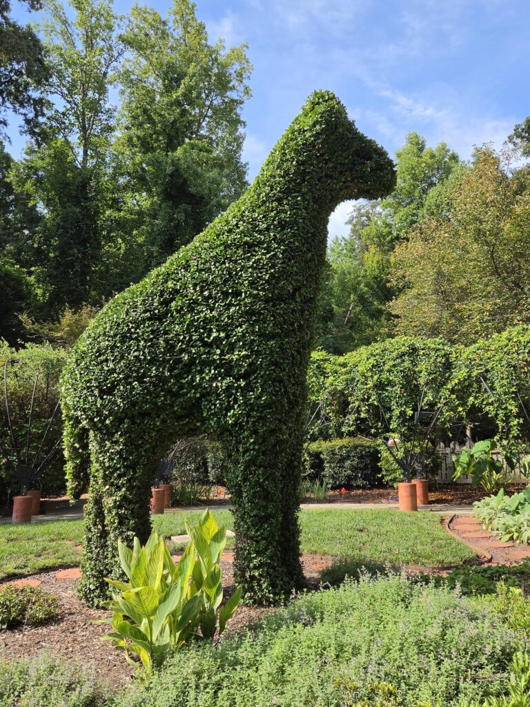 Greensboro: Big, Unexpected Adventures From 1781 Battlefield to Jeansboro 8 A large wire-framed topiary giraffe is being covered in vines in the garden.