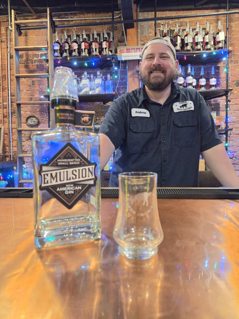 Greensboro: Big, Unexpected Adventures From 1781 Battlefield to Jeansboro 49 Bottle of gin (and a taste in a glass) with the distillery owner behind the bar.