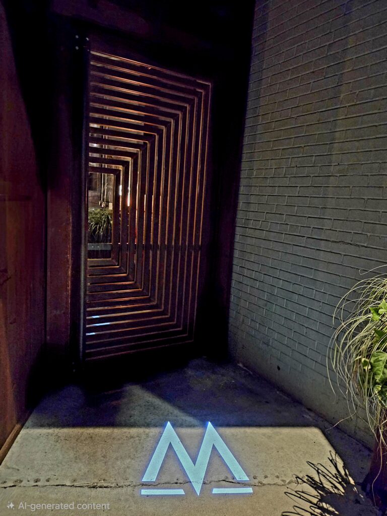 Greensboro: Big, Unexpected Adventures From 1781 Battlefield to Jeansboro 38 Entry door with wood details and a lighted "M" glowing on the sidewalk.