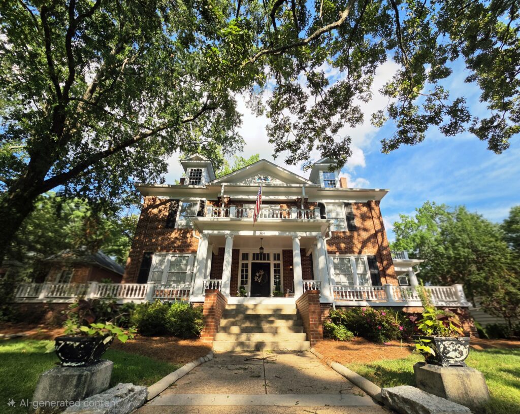 Greensboro: Big, Unexpected Adventures From 1781 Battlefield to Jeansboro 18 A gorgeous Neoclassical Revival brick house on a hilltop surrounded by trees in downtown Greensboro.