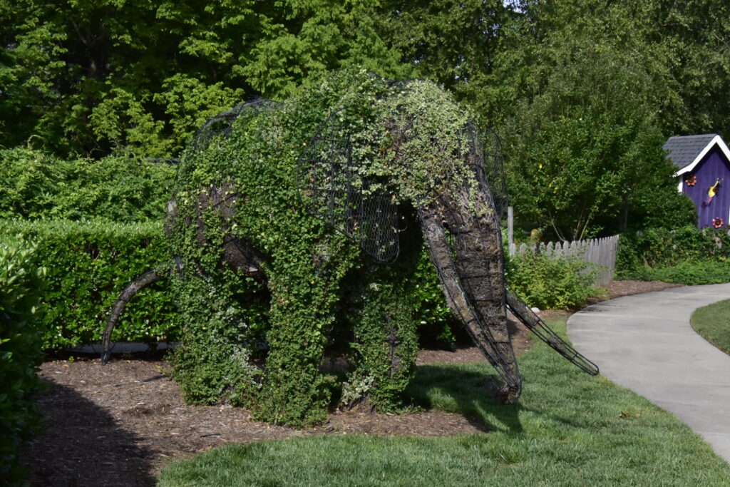 Greensboro: Big, Unexpected Adventures From 1781 Battlefield to Jeansboro 7 A large wire-framed topiary elephant is being covered in vines in the garden.